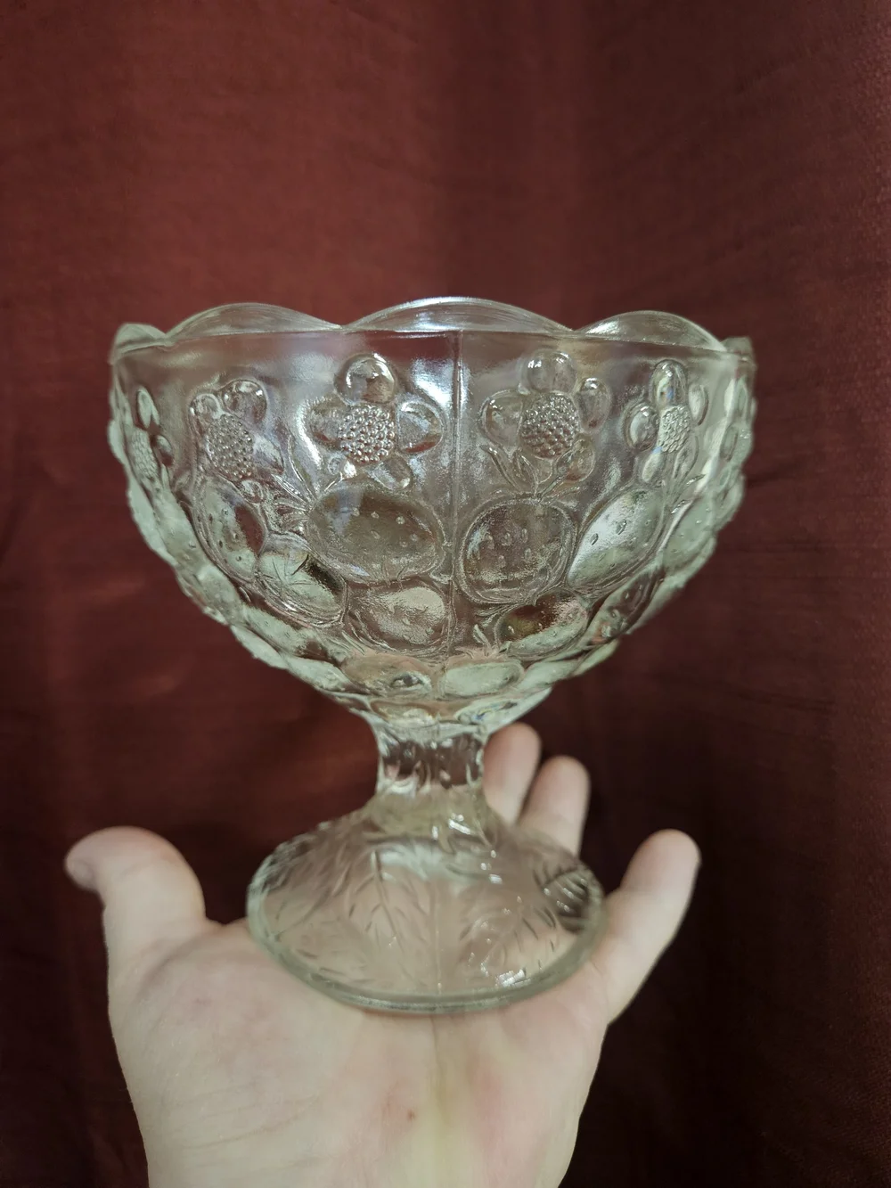 🍓 Strawberry & Floral Pattern Clear Pressed Glass Compote